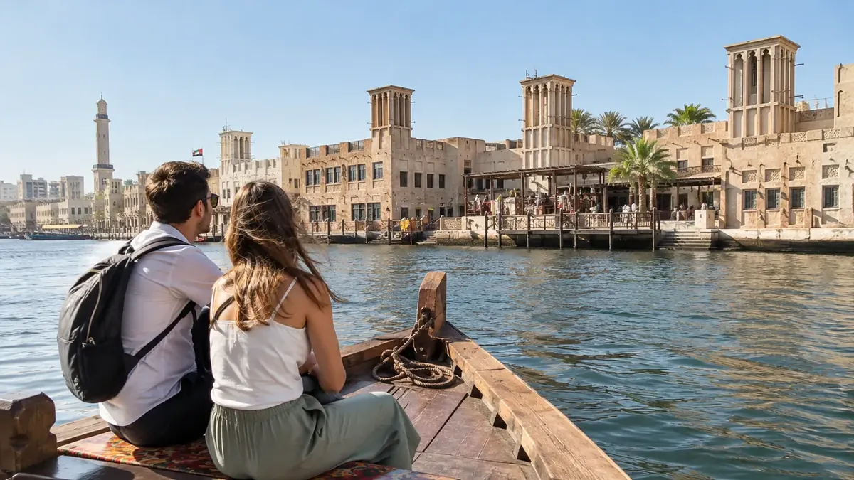 Travellers on an abra crossing Dubai Creek